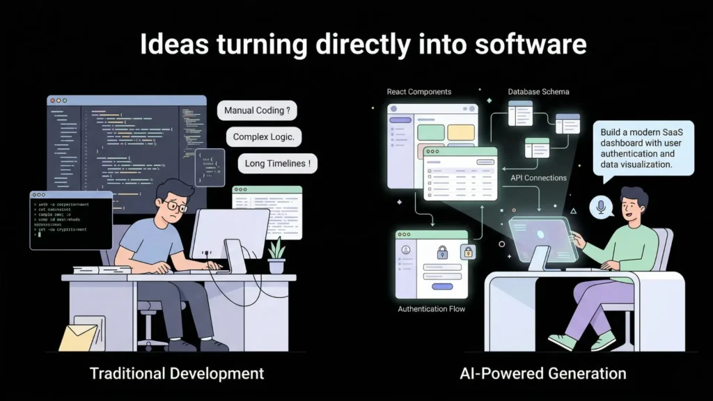Infographic comparing slow manual programming with automated AI software generation.