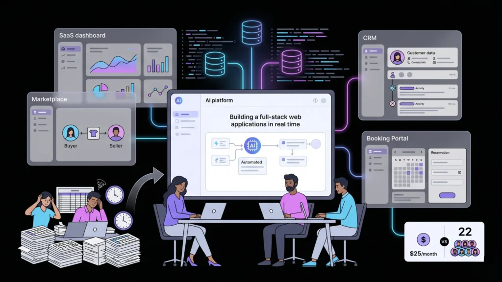 AI platform automatically building diverse full-stack web applications.