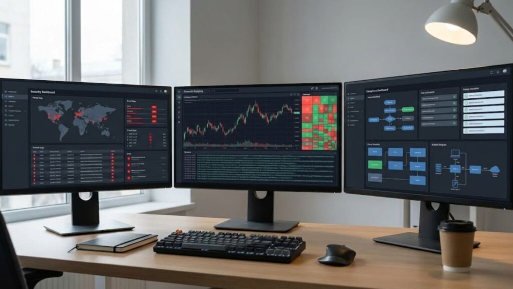 A multi-monitor setup with dashboards for security monitoring, financial metrics, and compliance workflows, representing Stripe’s operational and regulatory complexity.