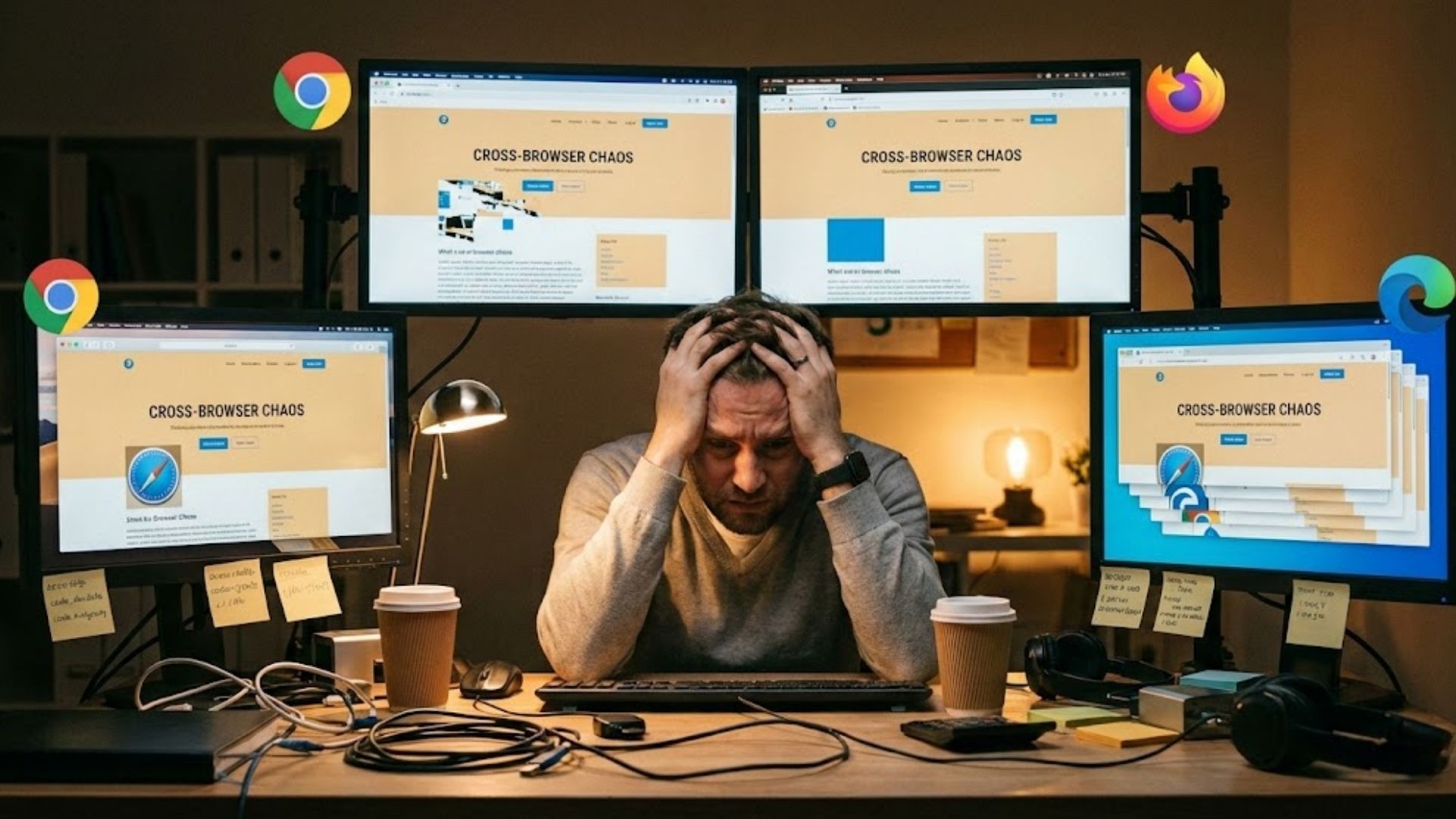 A tired web developer holds their head in frustration while looking at five monitors showing the same webpage rendered inconsistently in Chrome, Firefox, Safari, and Edge. The workspace is cluttered, and the screens show layout problems caused by cross-browser compatibility issues.
