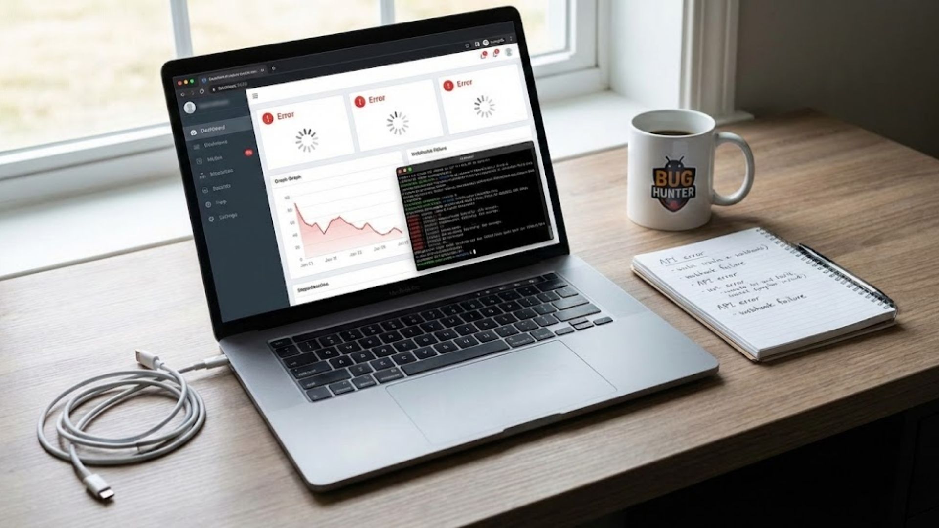 A laptop on a desk displaying multiple payment errors, webhook failures, and system alerts, representing Stripe payment integration challenges.