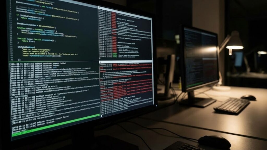Computer screens showing backend code, webhook logs, and repeated API failures, symbolizing Stripe’s complex technical requirements.