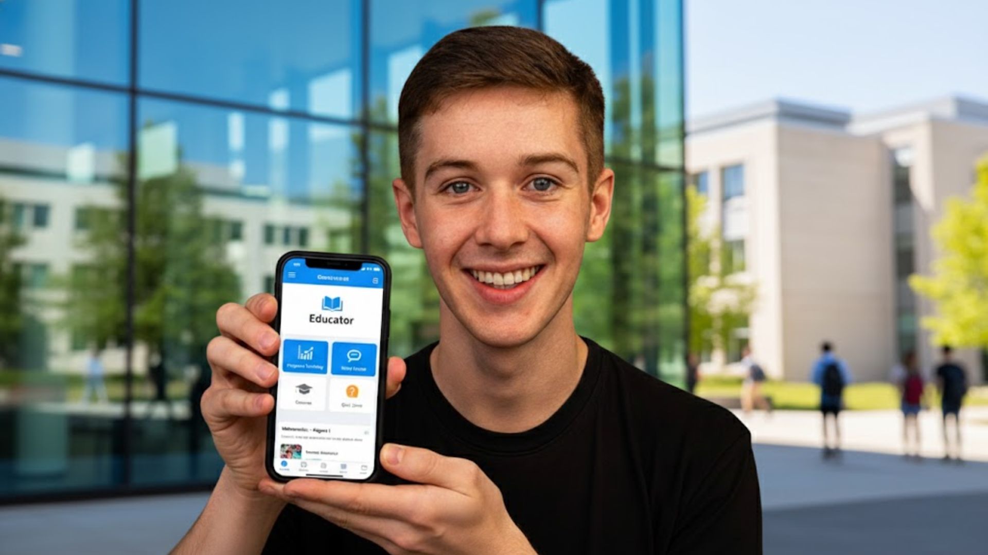 A smiling male student holds up a smartphone displaying the "Educator" app, with a modern university campus building and trees in the background.