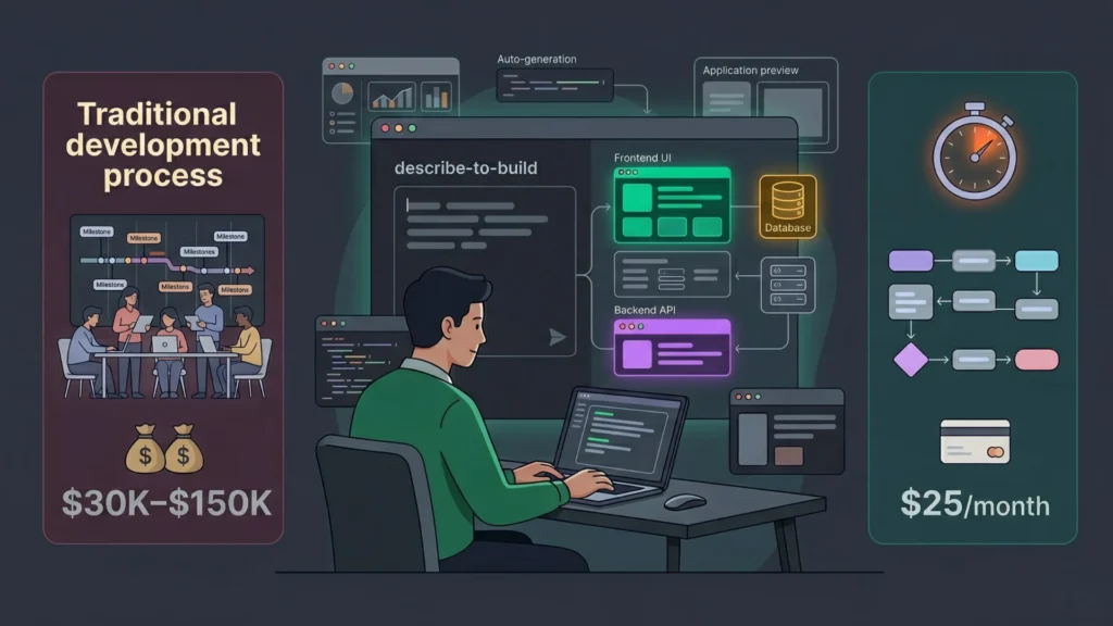 Dark mode infographic showing AI app builder efficiency versus traditional development costs.