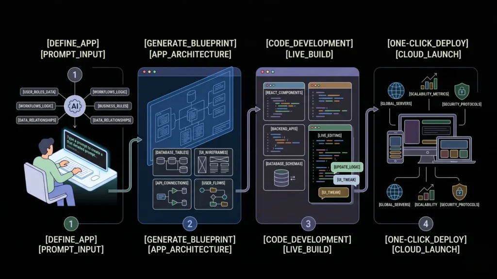Four-stage dark mode SaaS pipeline showing AI prompt to cloud deployment.