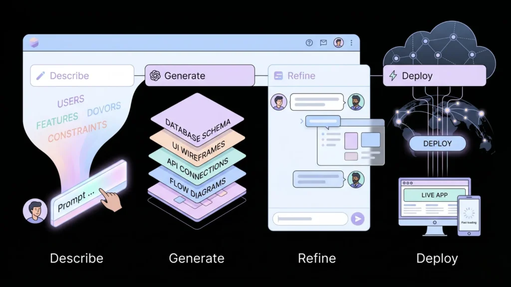 Four steps of an AI app builder: describe, generate, refine, and deploy.