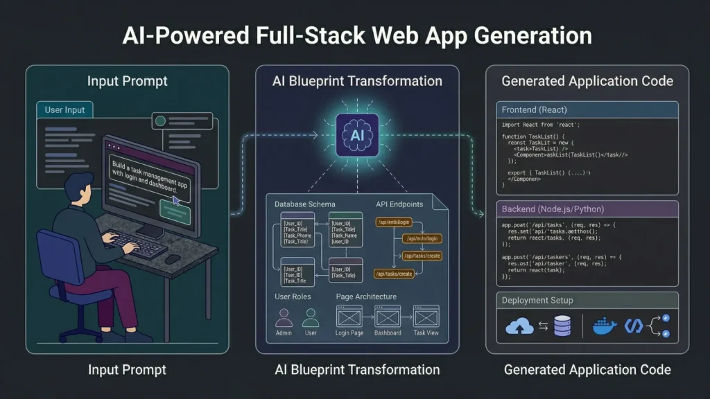 Dark mode diagram of artificial intelligence converting text prompts into application code.