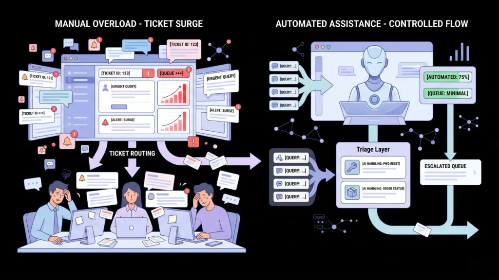 Dark vector comparing overwhelmed human support agents with efficient AI ticket automation.