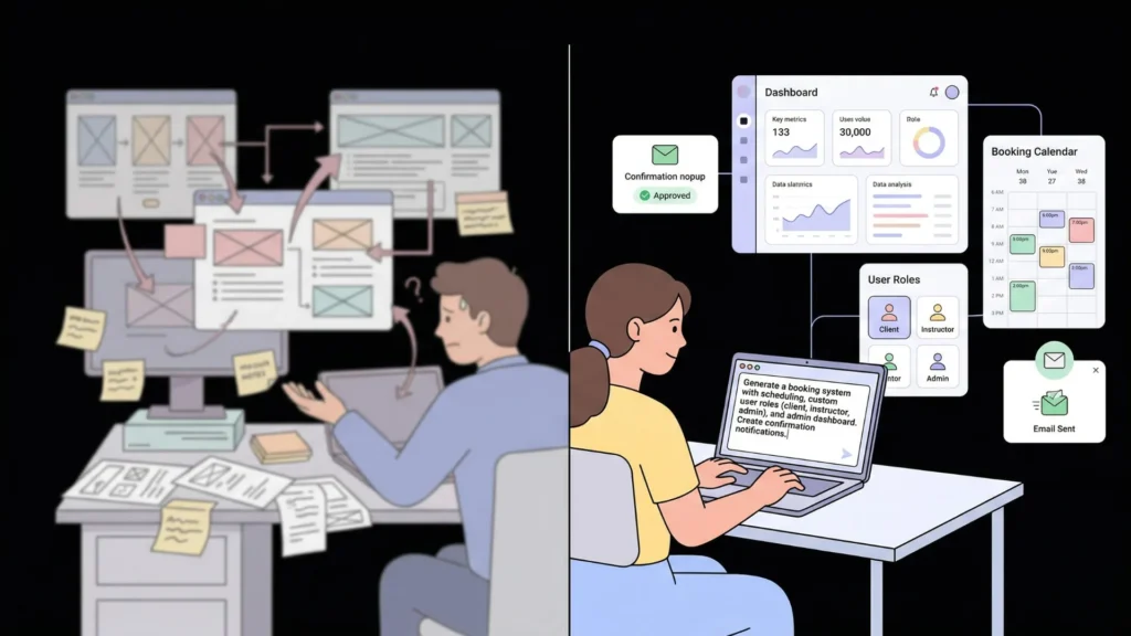 AI generating a booking app from text versus messy traditional software development.