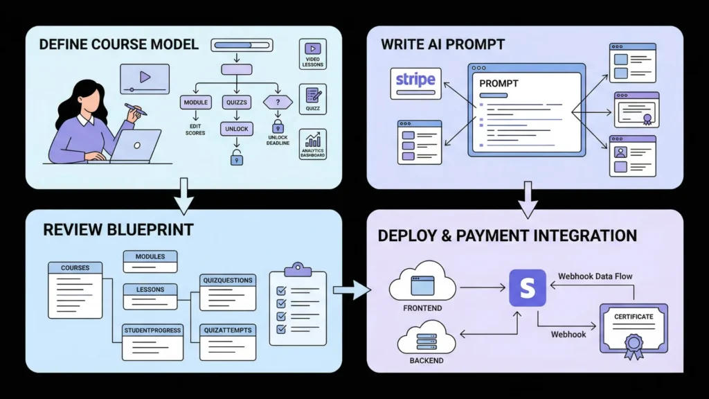 Infographic showing four steps to build an online course platform using AI.