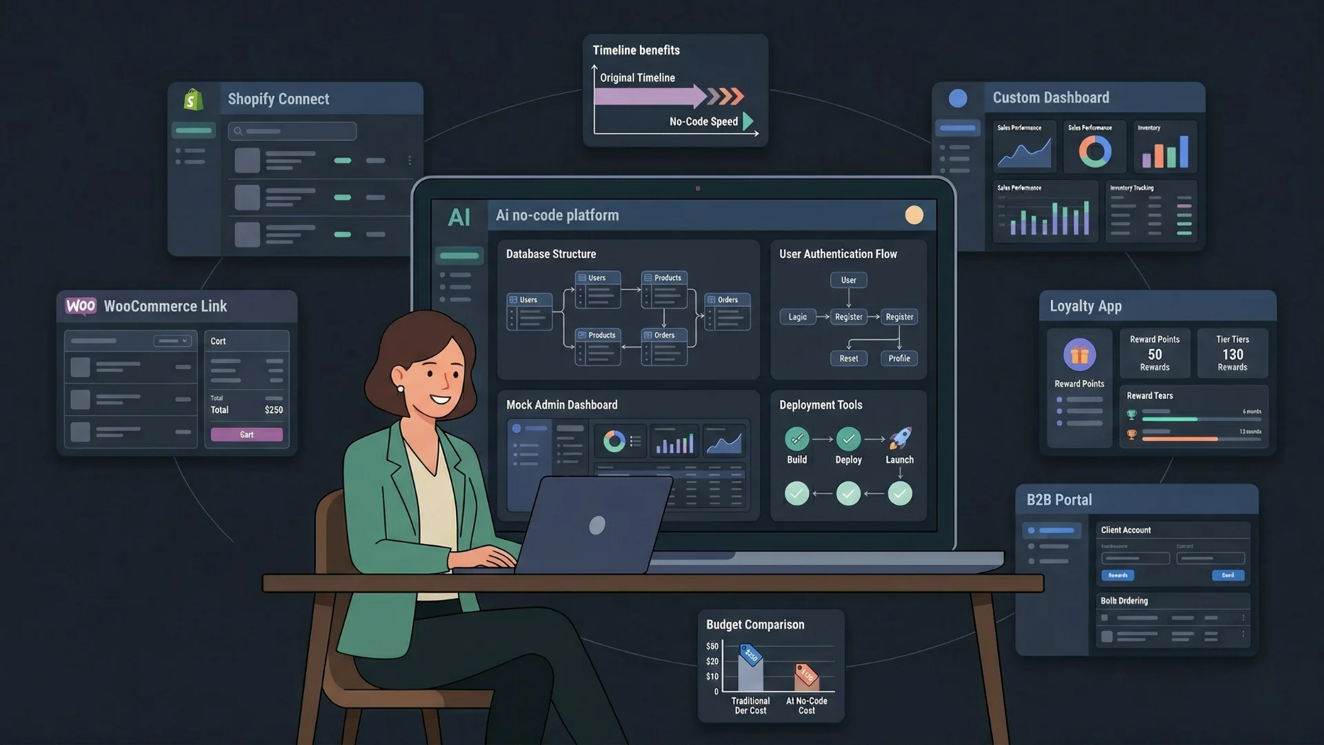 A dark mode vector illustration of a founder using an AI no-code platform on a laptop to build an e-commerce app, surrounded by floating UI panels showing database structures, budget comparisons, and integrations with Shopify and WooCommerce.