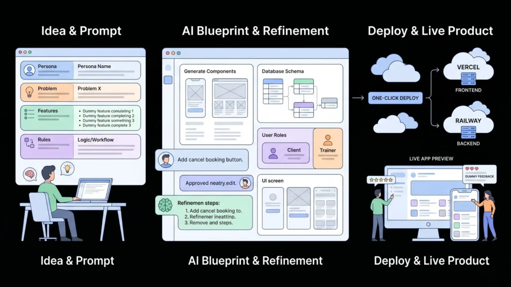 Three stage workflow showing AI app generation from prompt to live deployment.