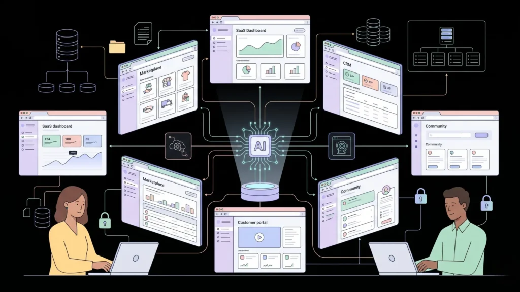 Flat vector illustration of an AI engine generating various web application dashboards.