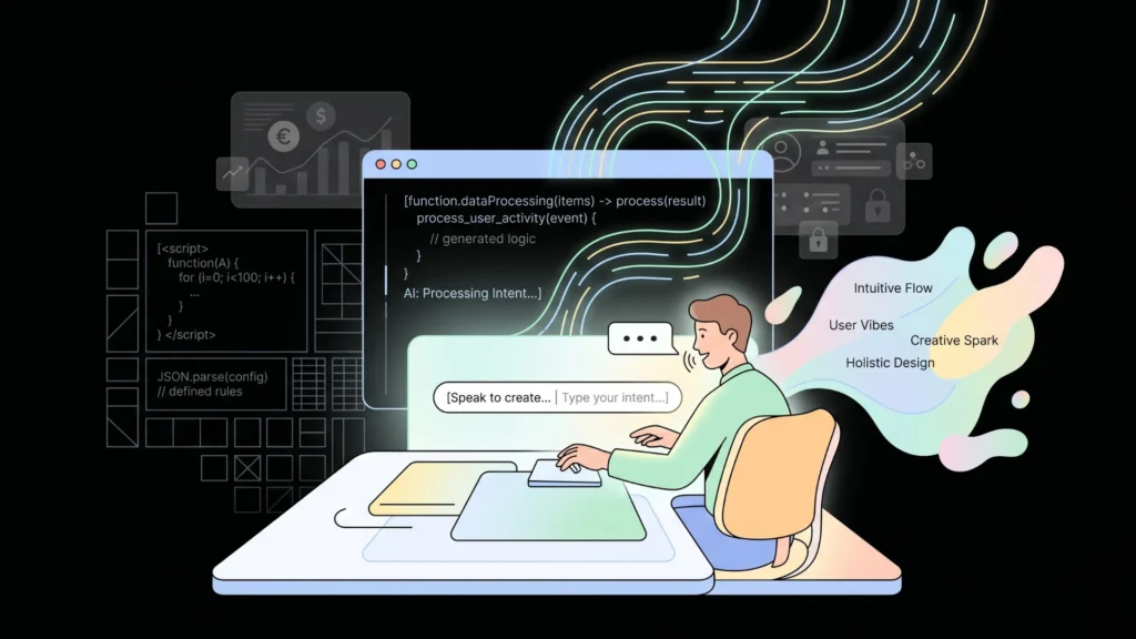 Minimalist dark mode illustration of developer using natural language for AI-driven coding.