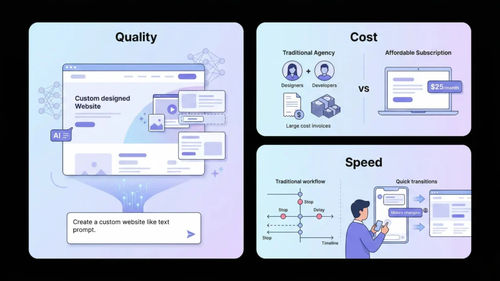 Infographic: prompt-driven AI website creation versus traditional methods.