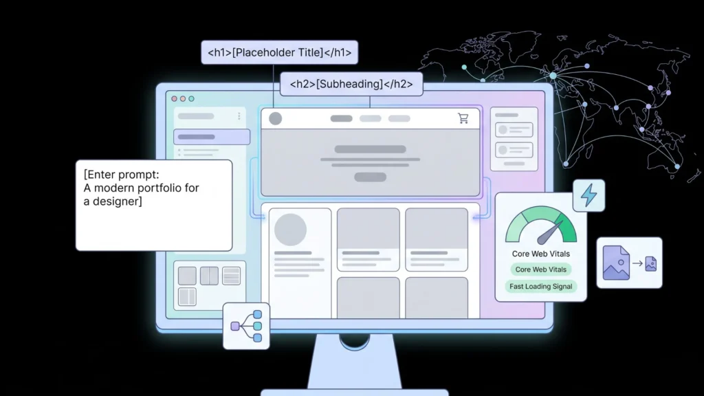AI website builder monitor dashboard with Core Web Vitals and design prompt.