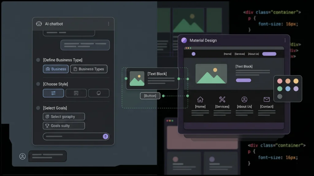 Dark mode illustration showing AI chatbot guided website creation and UI editing.