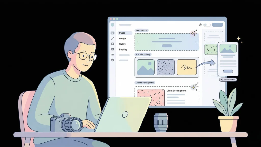 Flat vector illustration showing a photographer using an AI website builder interface.
