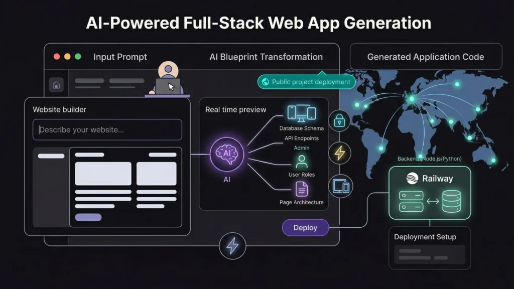 Dark mode dashboard showing AI website builder deploying to global network infrastructure.