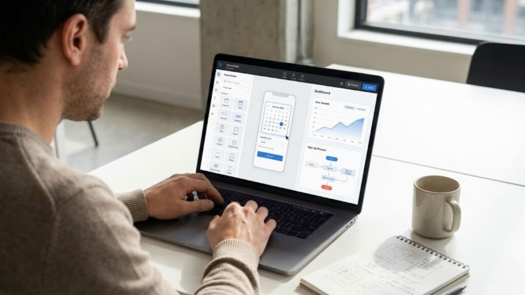 A man uses a laptop displaying a no-code interface with mobile screen previews, charts, and workflow diagrams.
