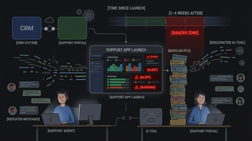 Dark mode vector showing stressed agents managing a chaotic support app launch.
