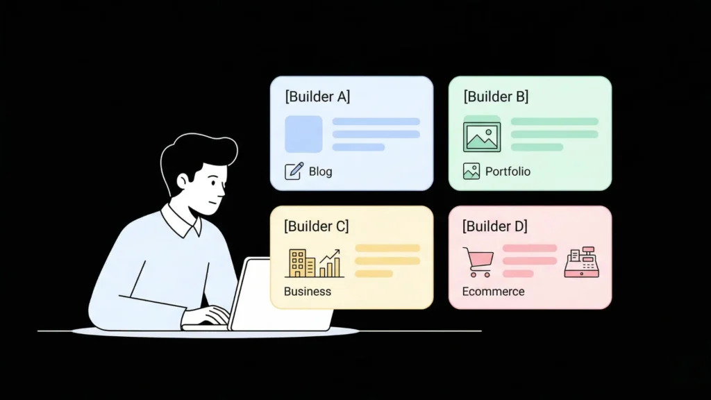 Person using a laptop comparing four different website builder options on screen.
