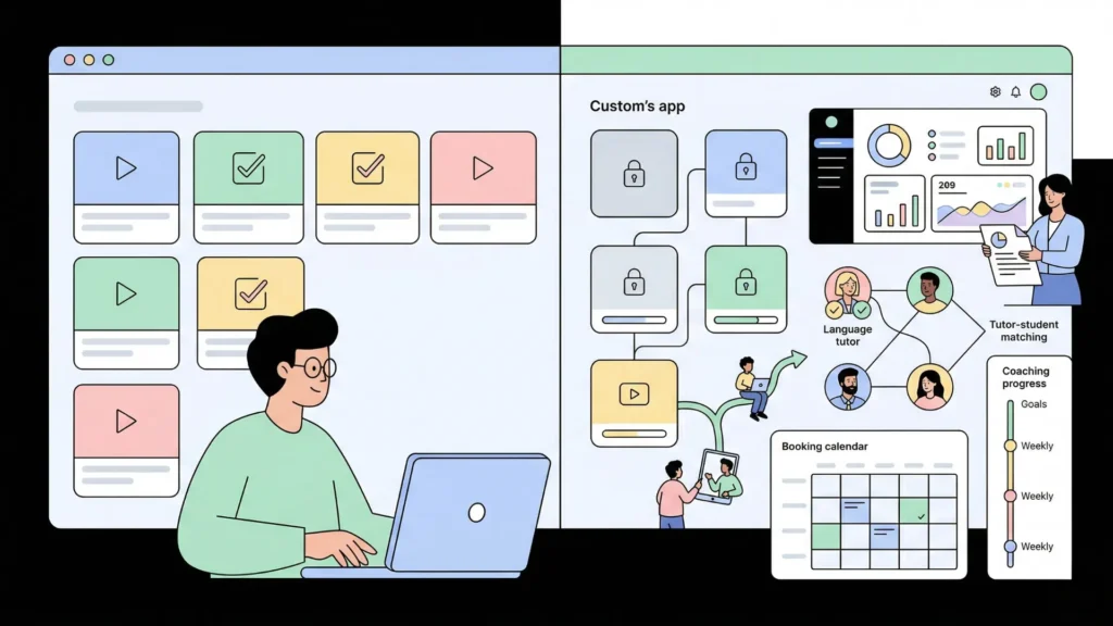 Vector illustration of two people using generic and custom web apps.