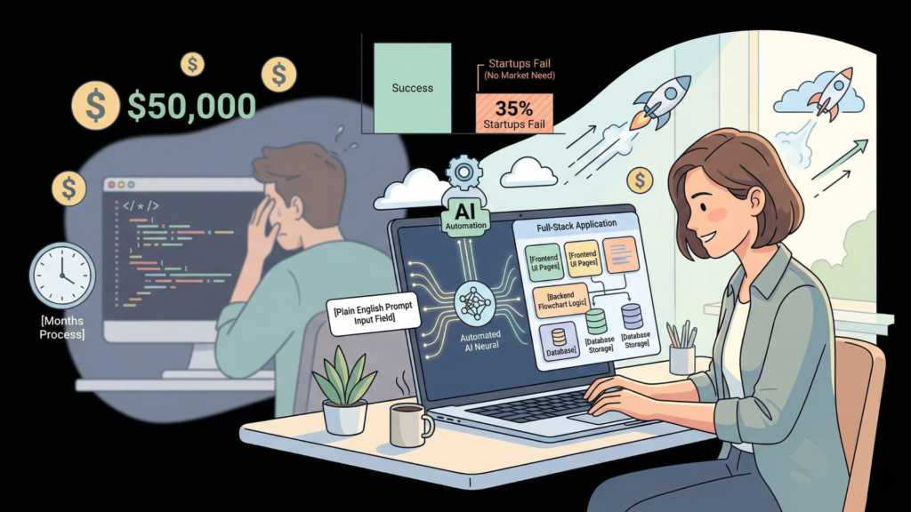 Comparison of manual coding versus AI-powered full-stack application development for startups.