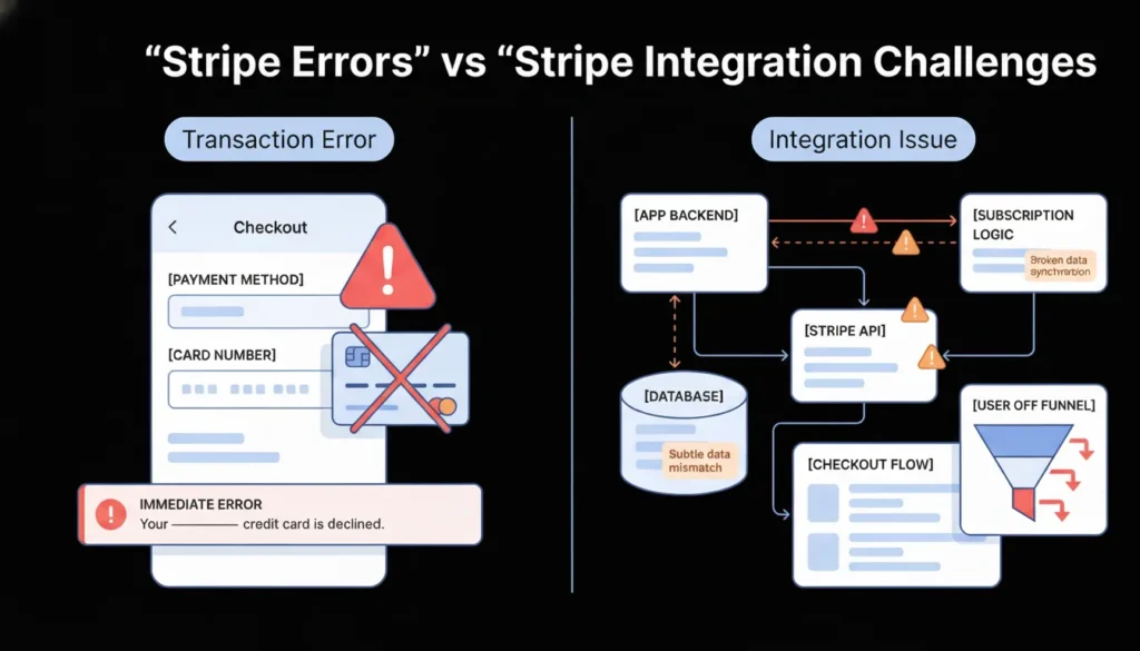 Comparison of Stripe transaction errors versus complex backend integration and data synchronization issues.