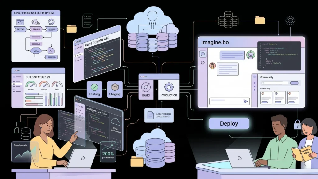 A vector illustration of a software development workflow using AI-assisted coding and deployment.