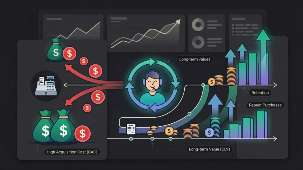 Dark mode SaaS dashboard illustration comparing customer acquisition cost and lifetime value.