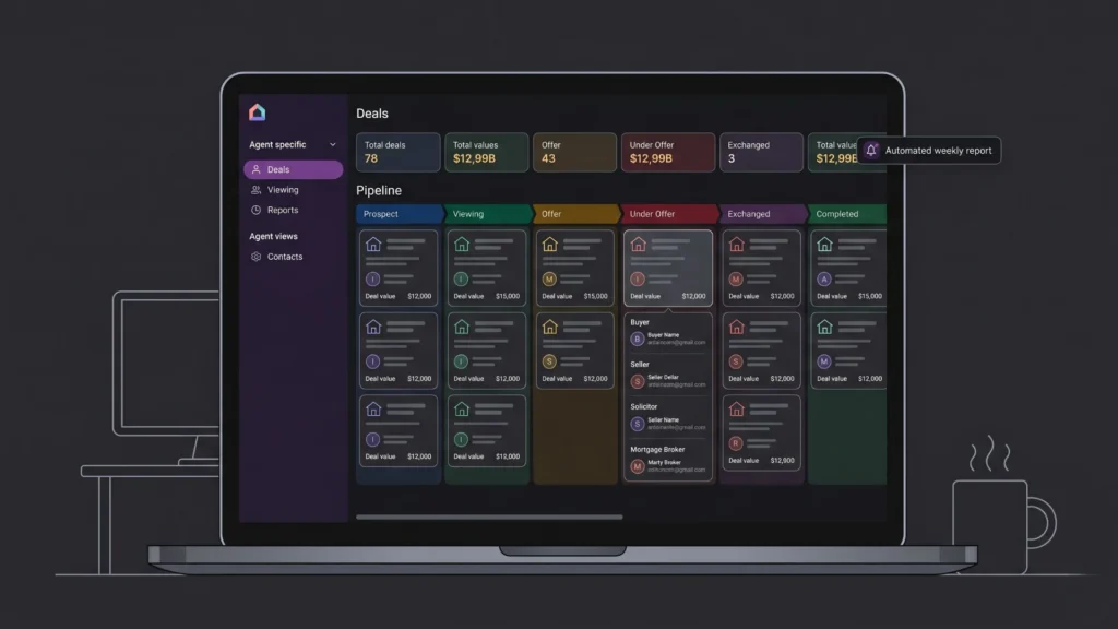 Dark mode real estate CRM dashboard on laptop screen.