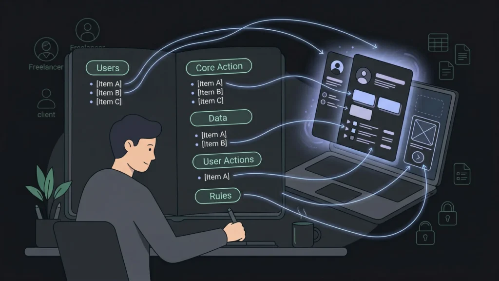 Dark mode illustration of app planning notes connecting to a laptop interface.