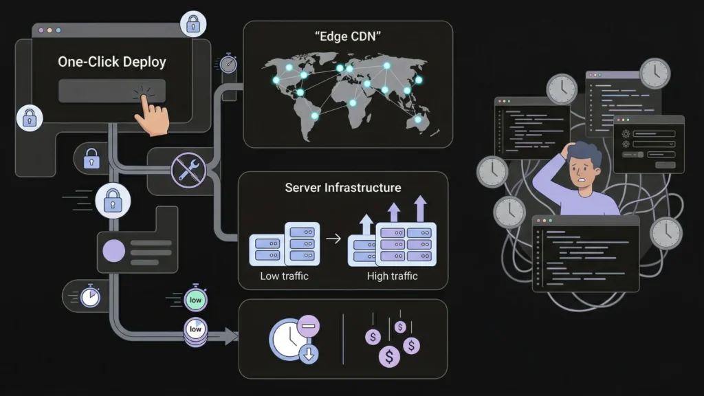 Dark mode graphic comparing fast automated app deployment to complex manual coding.