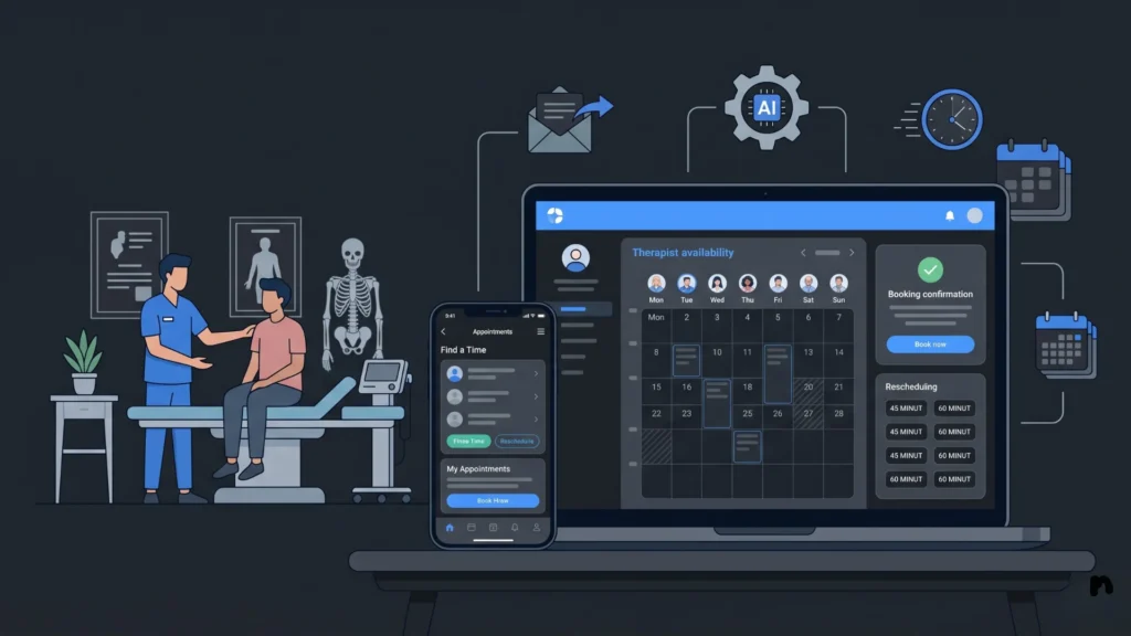 Dark mode healthcare clinic scheduling app interface on laptop and smartphone screens.