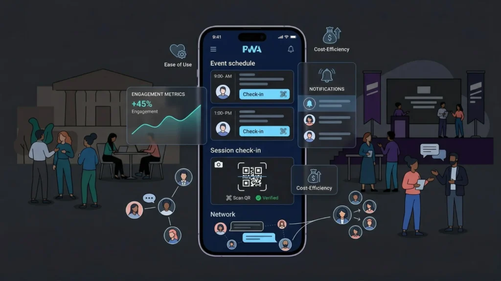 Dark theme vector illustration of an event PWA interface with networking features.