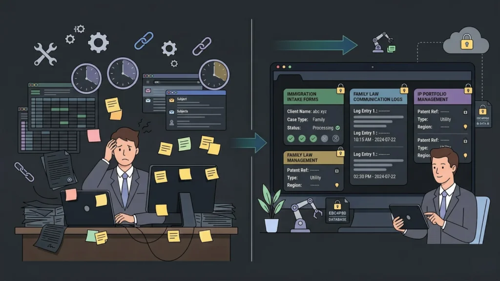 Dark mode graphic showing stressed lawyer's messy desk versus unified software dashboard.