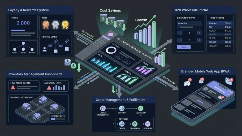 A dark mode SaaS UX illustration showing a central no-code AI e-commerce platform connected to modules for loyalty rewards, B2B wholesale, inventory management, order fulfillment, and a branded mobile app, highlighted by cost savings and growth metrics.