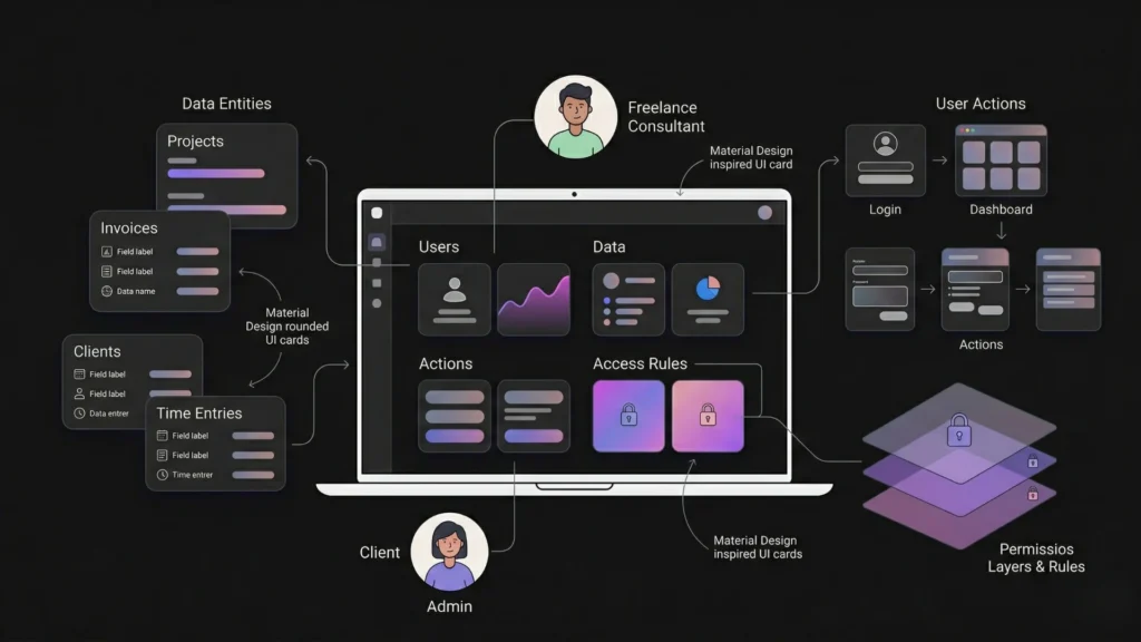 Dark mode SaaS illustration mapping a no-code web application planning workflow dashboard.