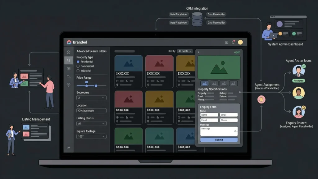 Dark mode real estate dashboard illustrating property listings and agent CRM workflows.