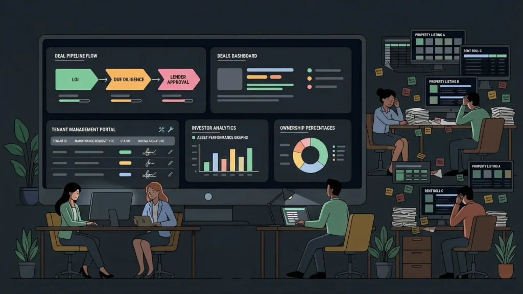Dark mode illustration comparing messy real estate office with efficient software dashboard.