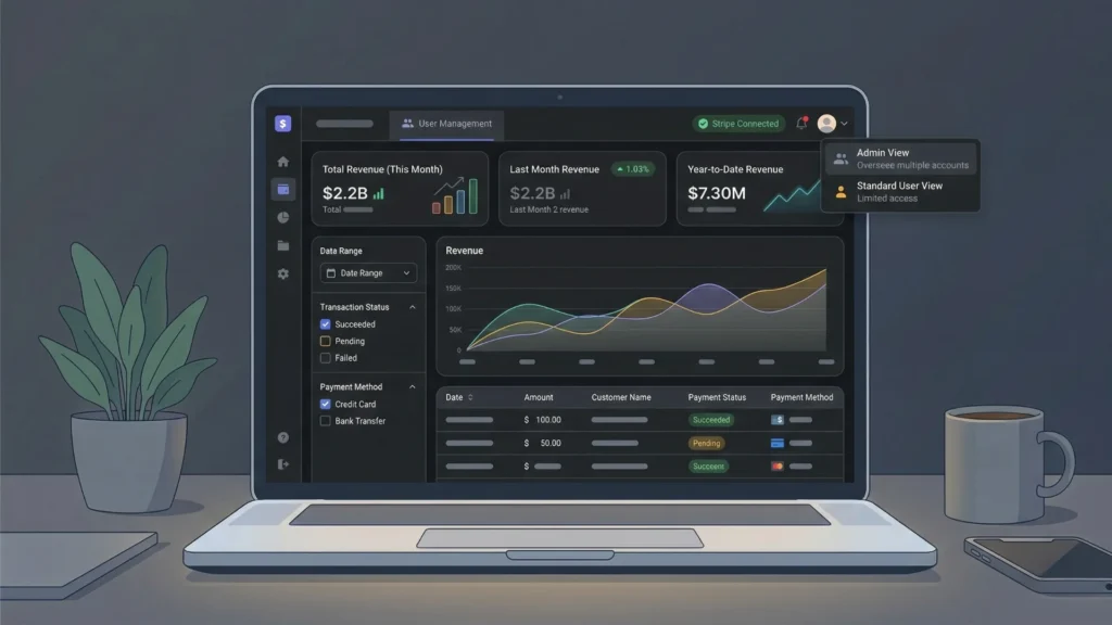 Dark mode SaaS fintech dashboard on a laptop displaying charts and transactions.