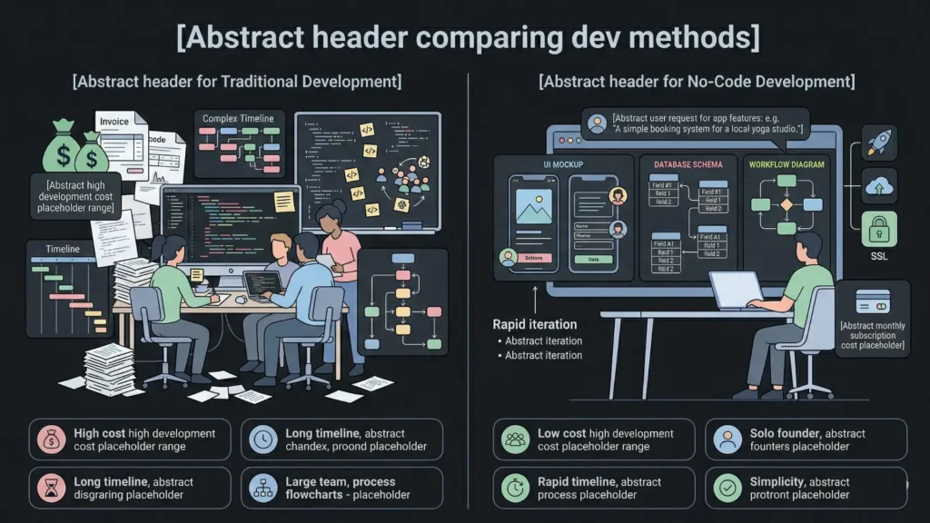 Dark mode infographic comparing expensive traditional software development to efficient no-code platforms.