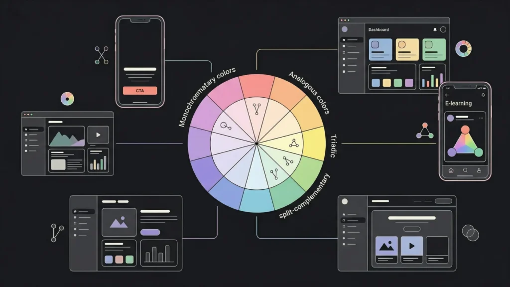 Dark mode UI design infographic showing a color wheel and interface screens.