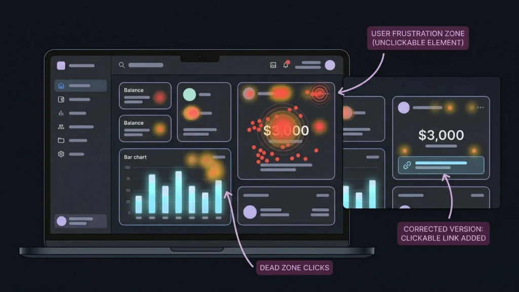 Dark mode SaaS dashboard showing a click heatmap highlighting user frustration zones.