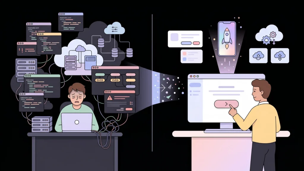 Comparison illustration showing complex manual infrastructure versus streamlined one-click AI cloud deployment.