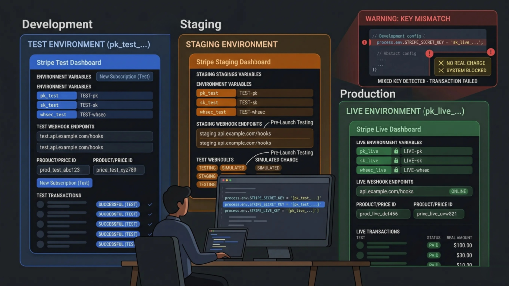 Diagram of Stripe development, staging, and production environments featuring a key mismatch error warning.