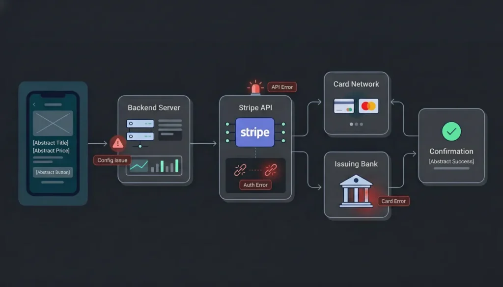 Diagram of the Stripe payment processing flow highlighting common API, configuration, and bank errors.