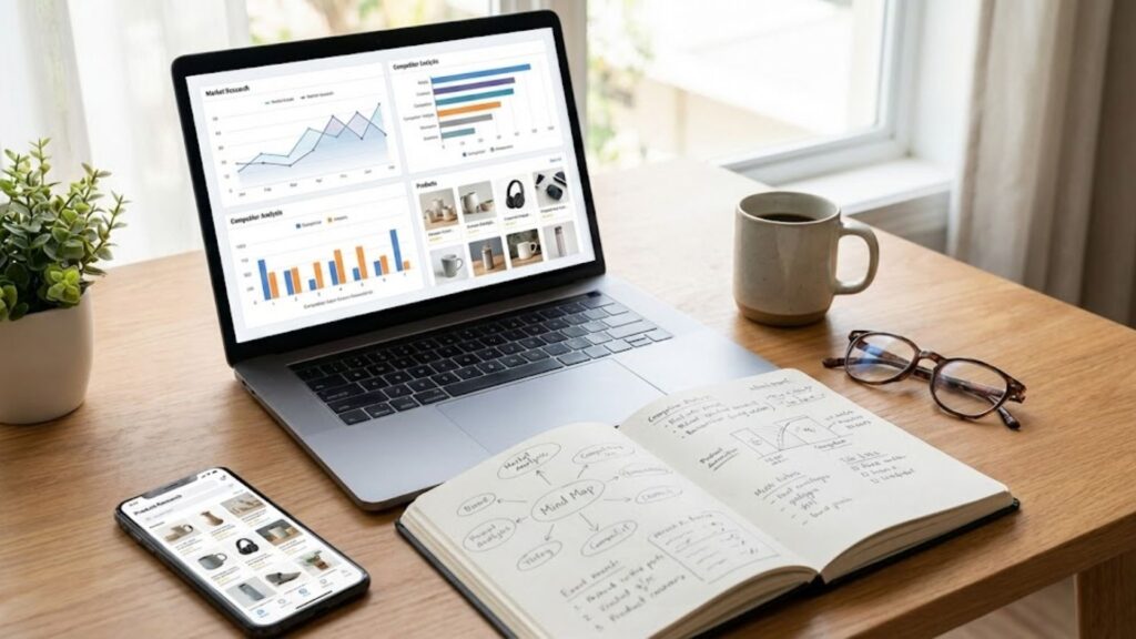 Entrepreneur analyzing market data and product opportunities on a laptop with notes on the desk.