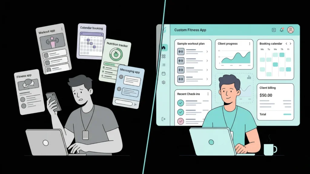 Split screen comparing a coach's messy app workflow to an organized dashboard.